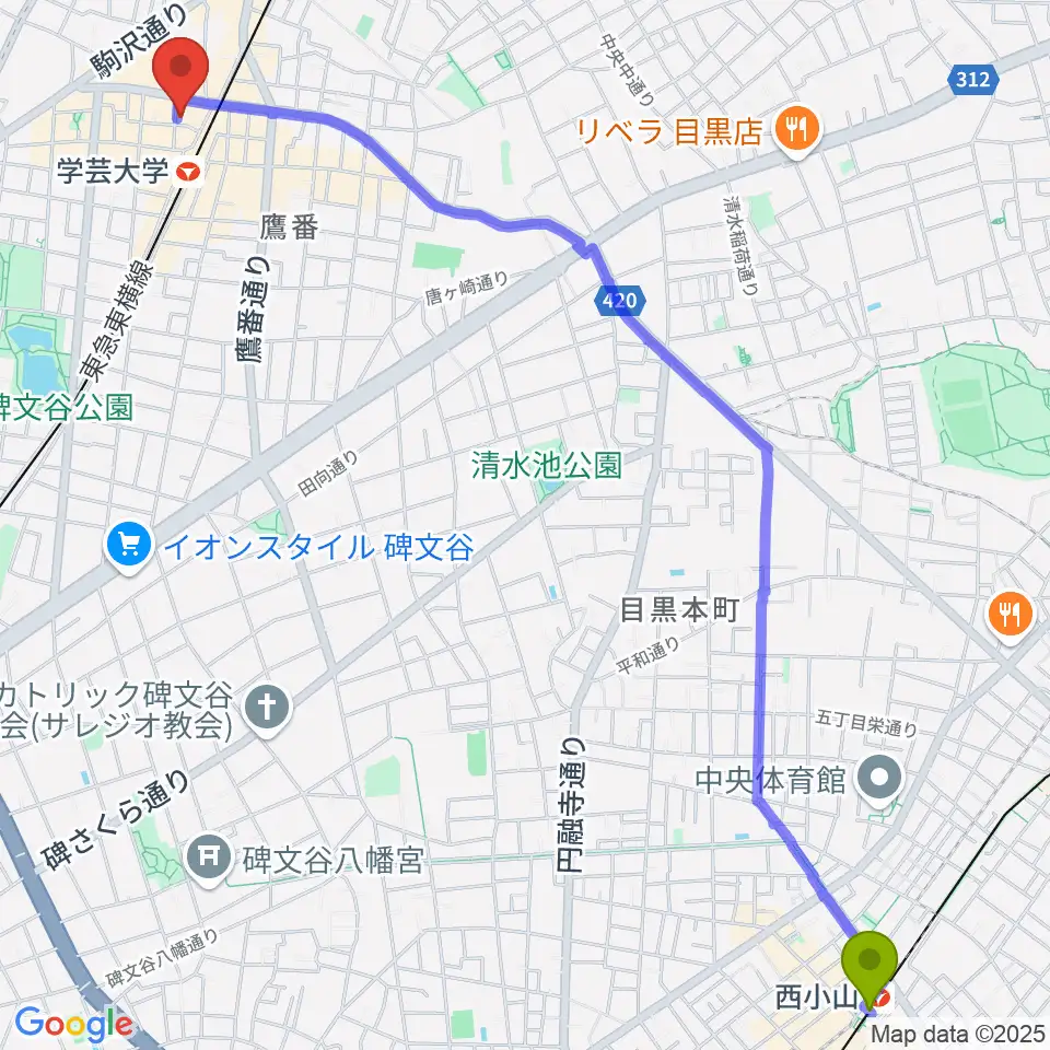 西小山駅から千本桜ホールへのルートマップ地図