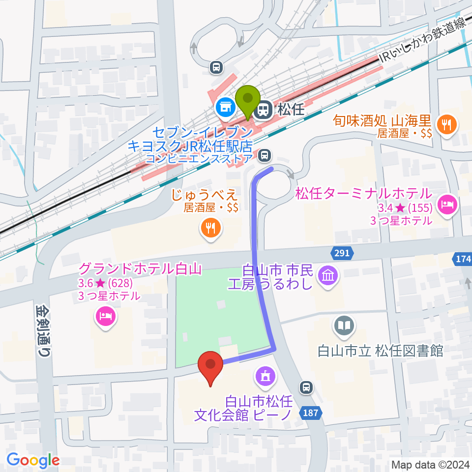 白山市松任文化会館ピーノの最寄駅松任駅からの徒歩ルート（約4分）地図