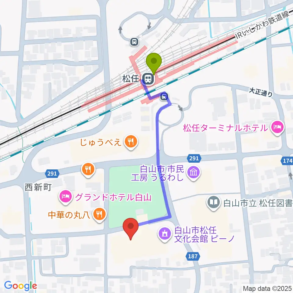 白山市松任文化会館ピーノの最寄駅松任駅からの徒歩ルート（約4分）地図