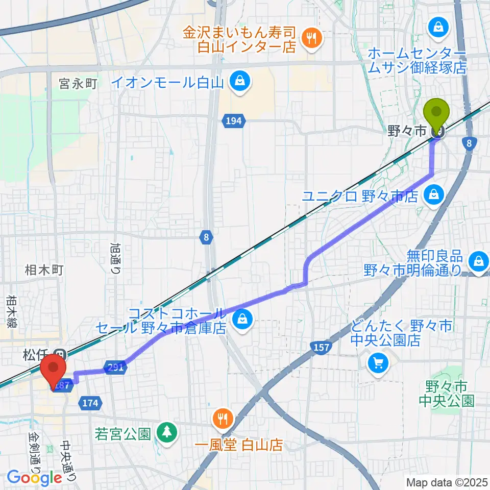 野々市駅から白山市松任文化会館ピーノへのルートマップ地図