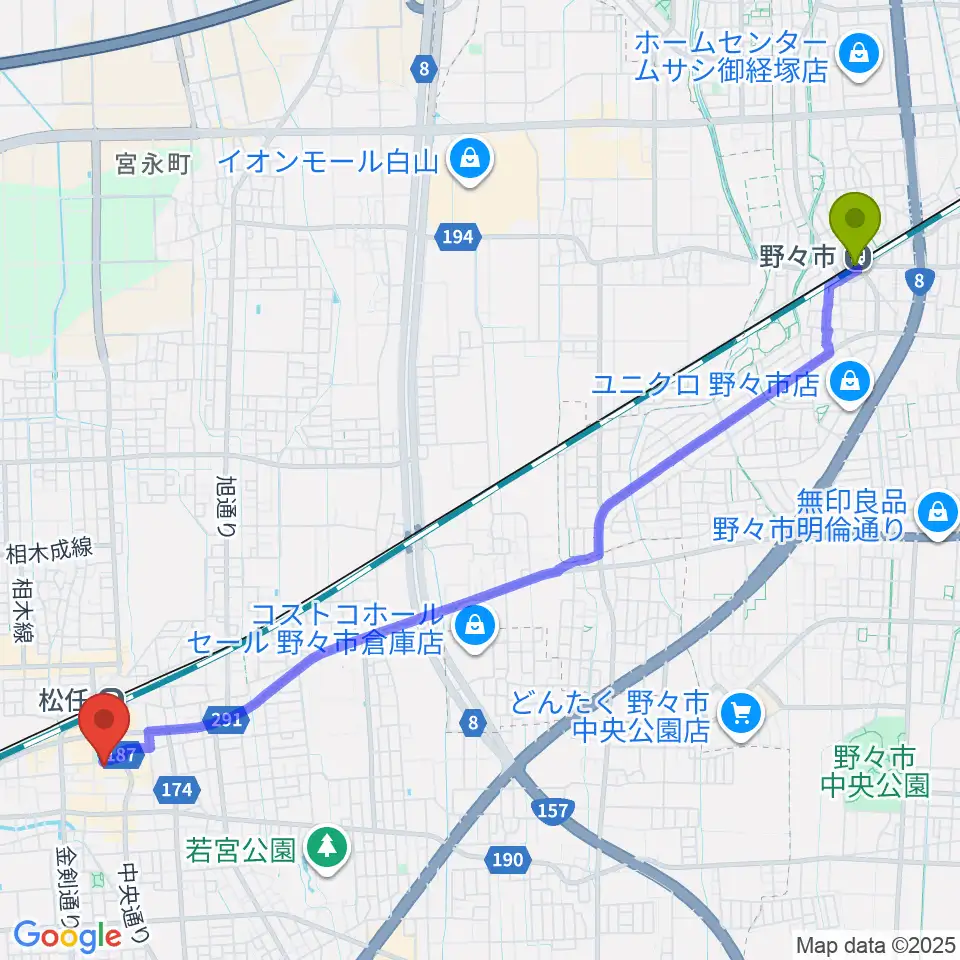 野々市駅から白山市松任文化会館ピーノへのルートマップ地図