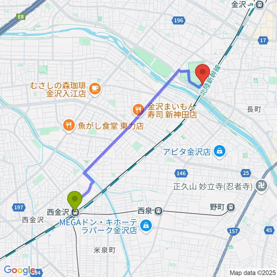 西金沢駅から金沢市民芸術村へのルートマップ地図