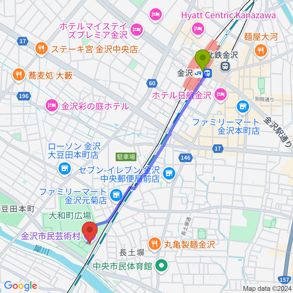 金沢市民芸術村の最寄駅金沢駅からの徒歩ルート（約22分）地図