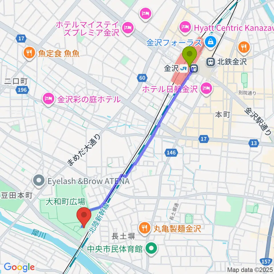 金沢市民芸術村の最寄駅金沢駅からの徒歩ルート（約22分）地図
