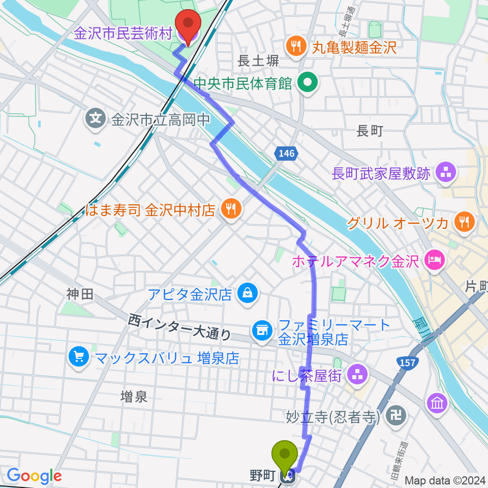 野町駅から金沢市民芸術村へのルートマップ地図