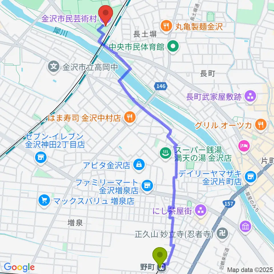 野町駅から金沢市民芸術村へのルートマップ地図