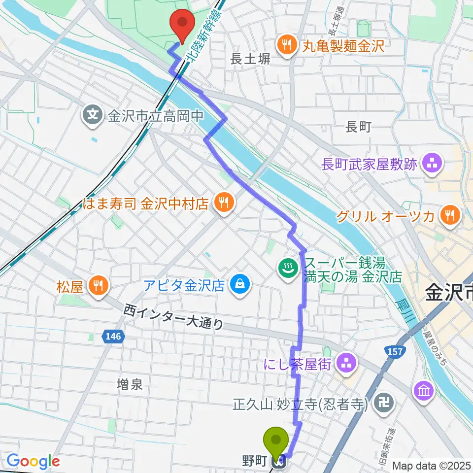 野町駅から金沢市民芸術村へのルートマップ地図