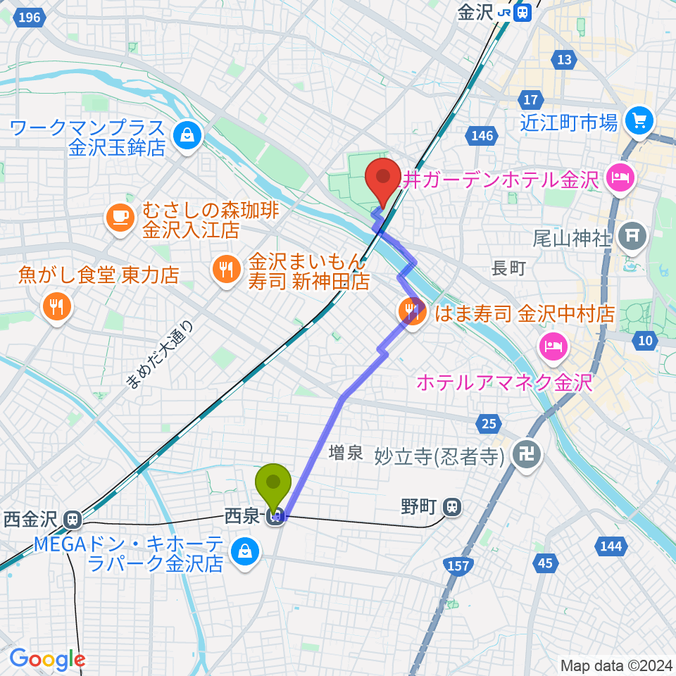 西泉駅から金沢市民芸術村へのルートマップ地図