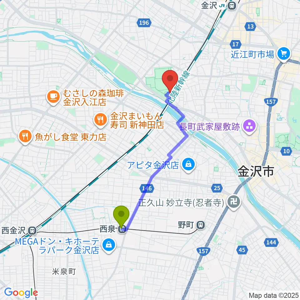 西泉駅から金沢市民芸術村へのルートマップ地図