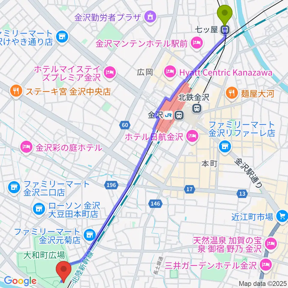 七ツ屋駅から金沢市民芸術村へのルートマップ地図