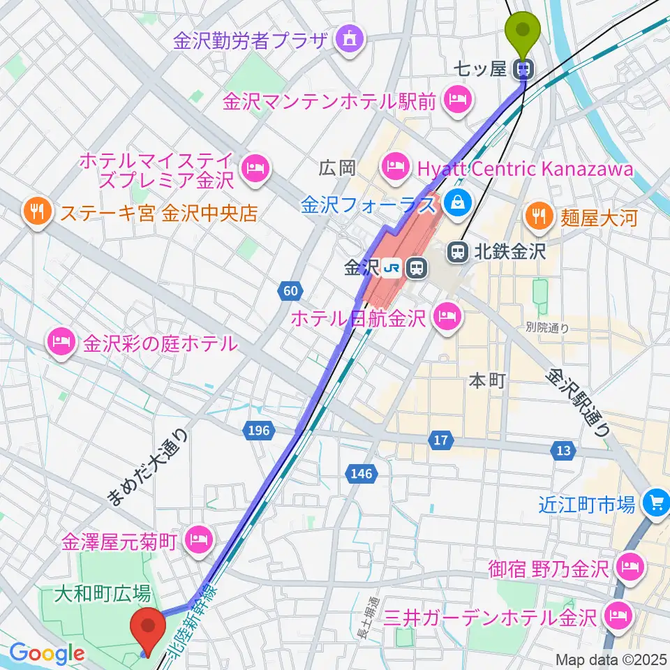 七ツ屋駅から金沢市民芸術村へのルートマップ地図