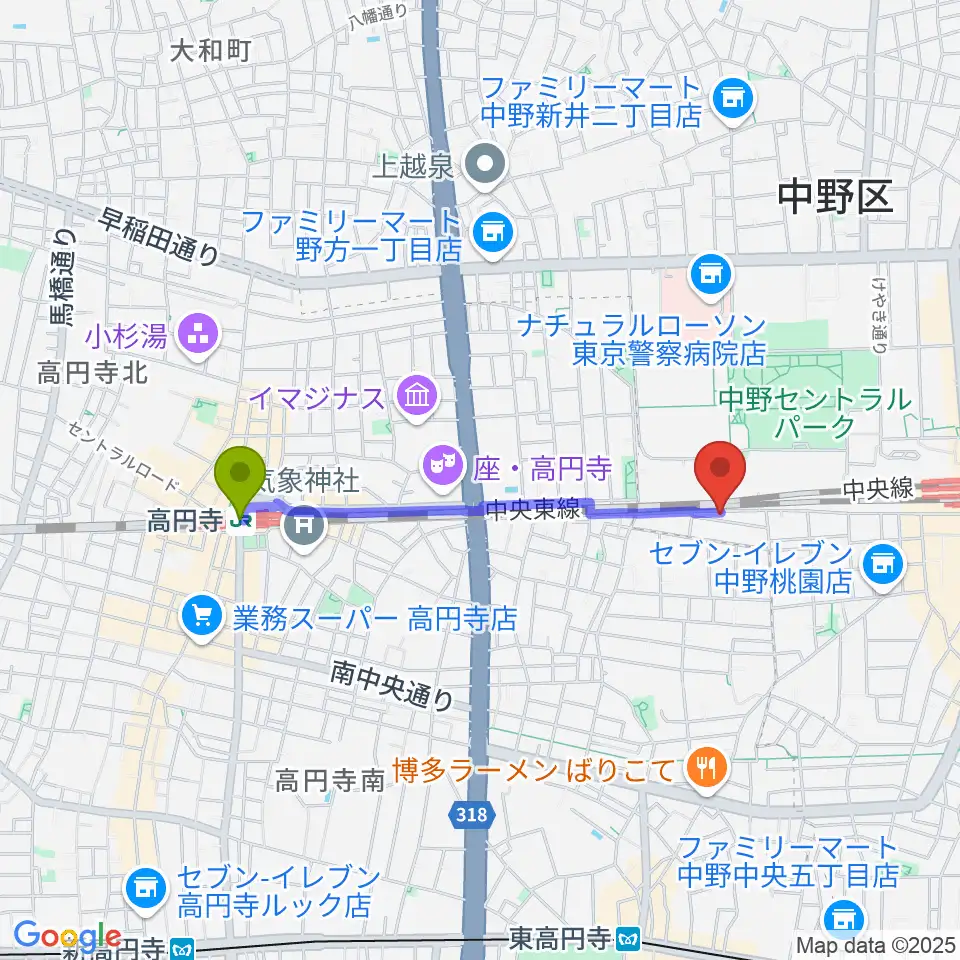 高円寺駅からテルプシコールへのルートマップ地図