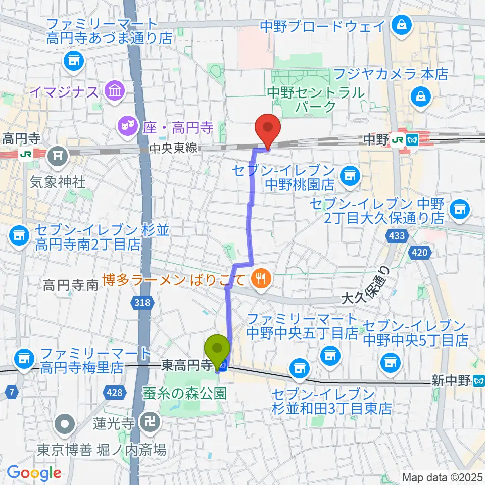 東高円寺駅からテルプシコールへのルートマップ地図