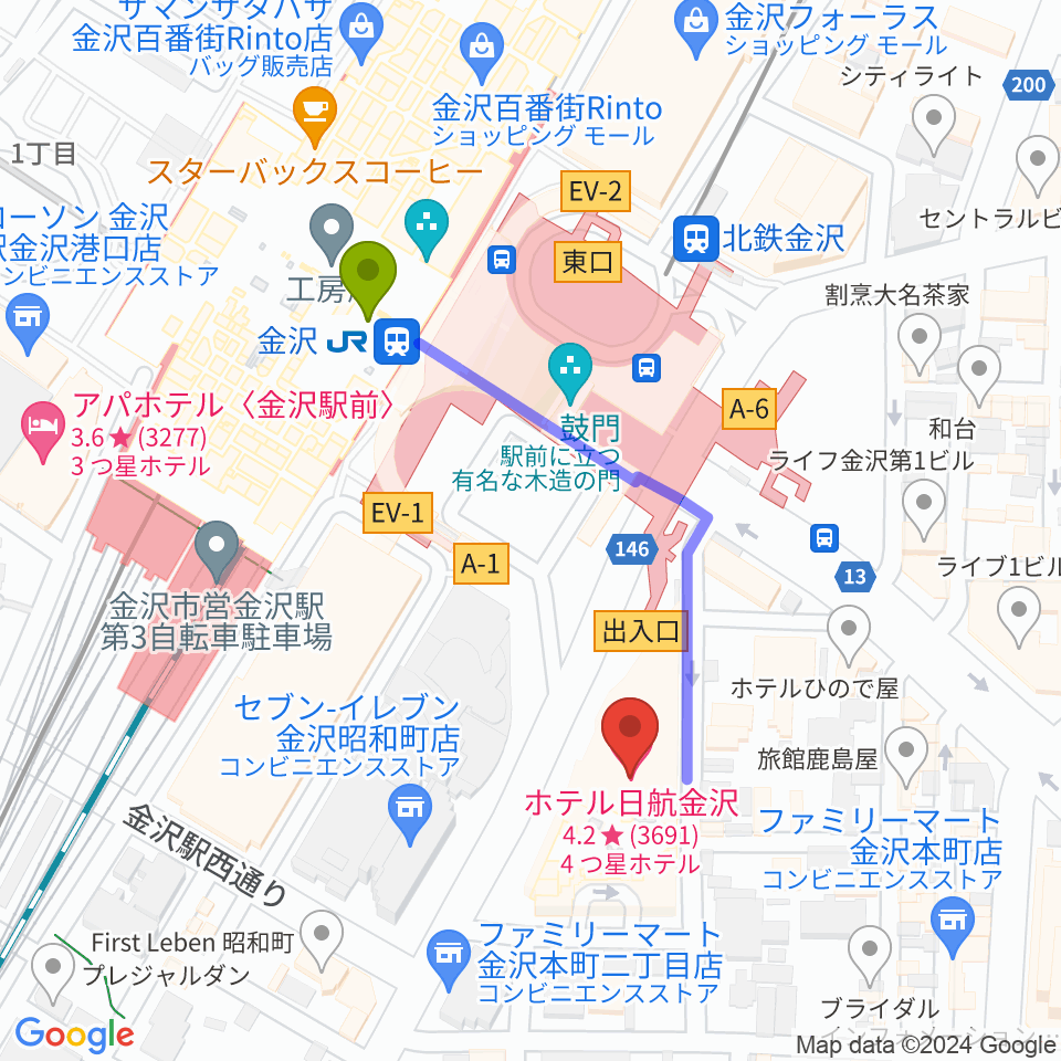 金沢市アートホールの最寄駅金沢駅からの徒歩ルート（約4分）地図