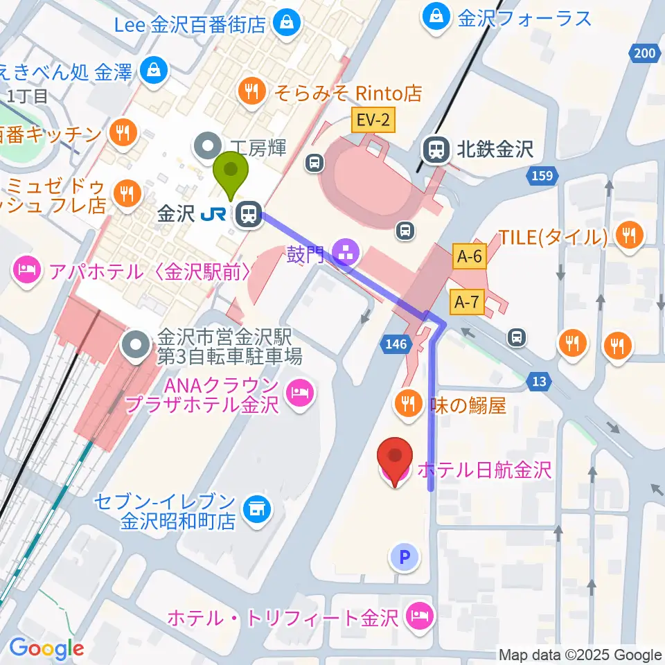 金沢市アートホールの最寄駅金沢駅からの徒歩ルート（約4分）地図