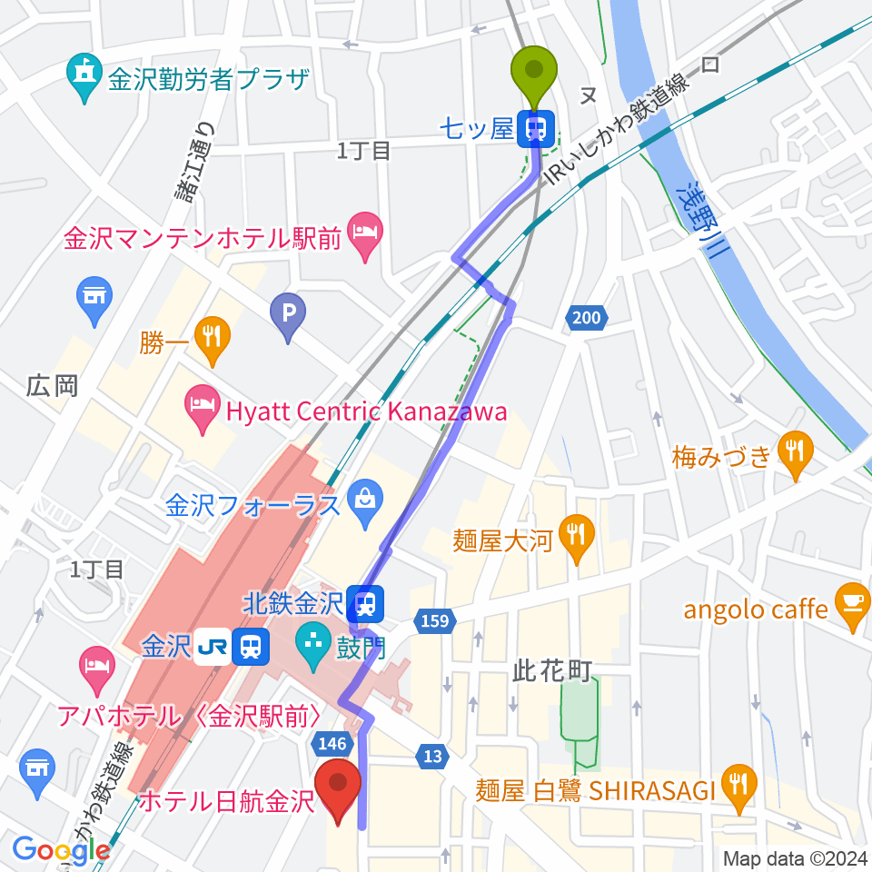 七ツ屋駅から金沢市アートホールへのルートマップ地図