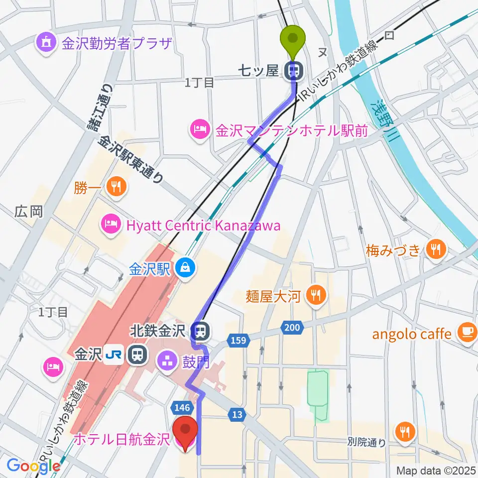 七ツ屋駅から金沢市アートホールへのルートマップ地図