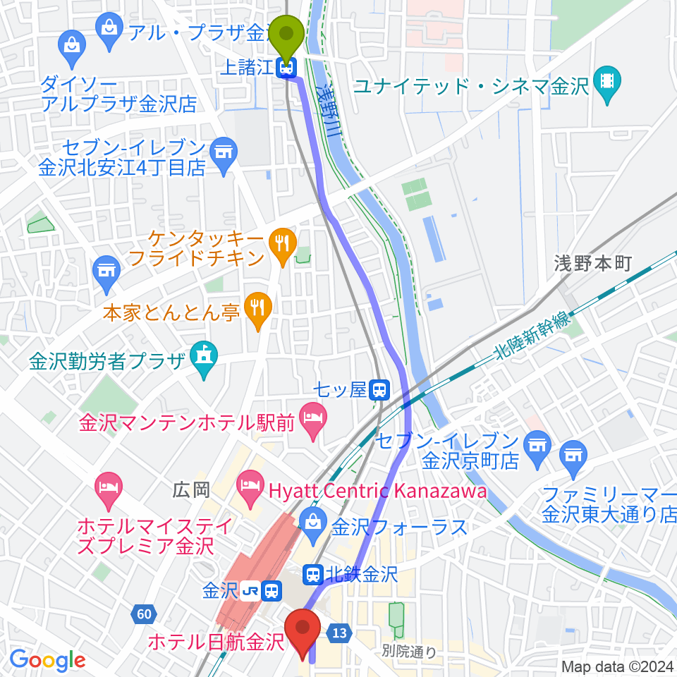 上諸江駅から金沢市アートホールへのルートマップ地図