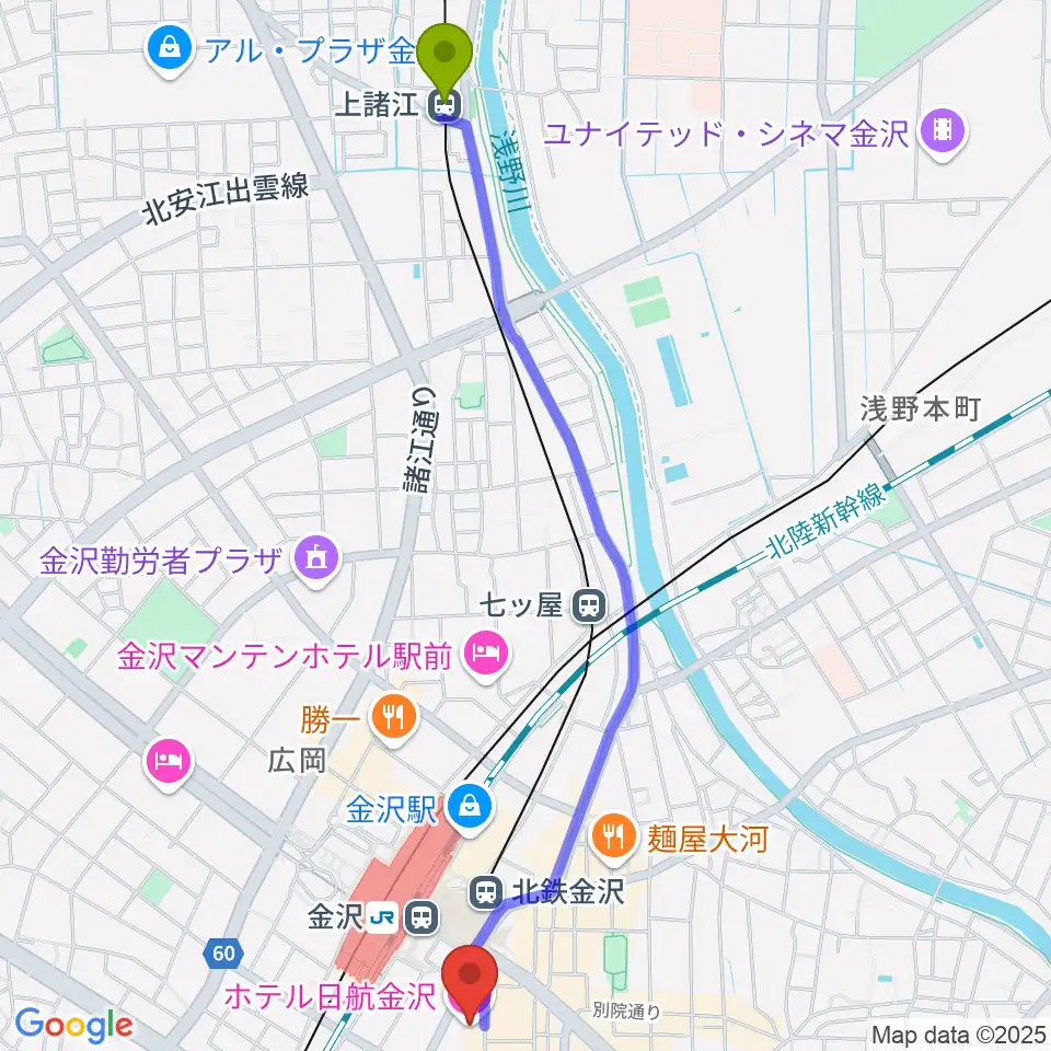上諸江駅から金沢市アートホールへのルートマップ地図