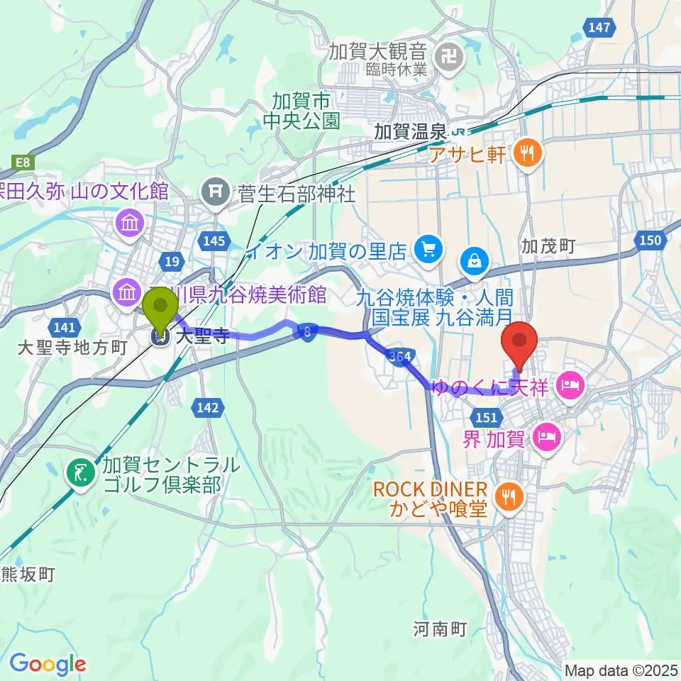 大聖寺駅から加賀市文化会館へのルートマップ地図