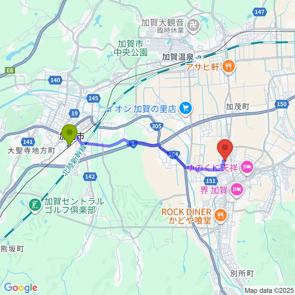 大聖寺駅から加賀市文化会館へのルートマップ地図