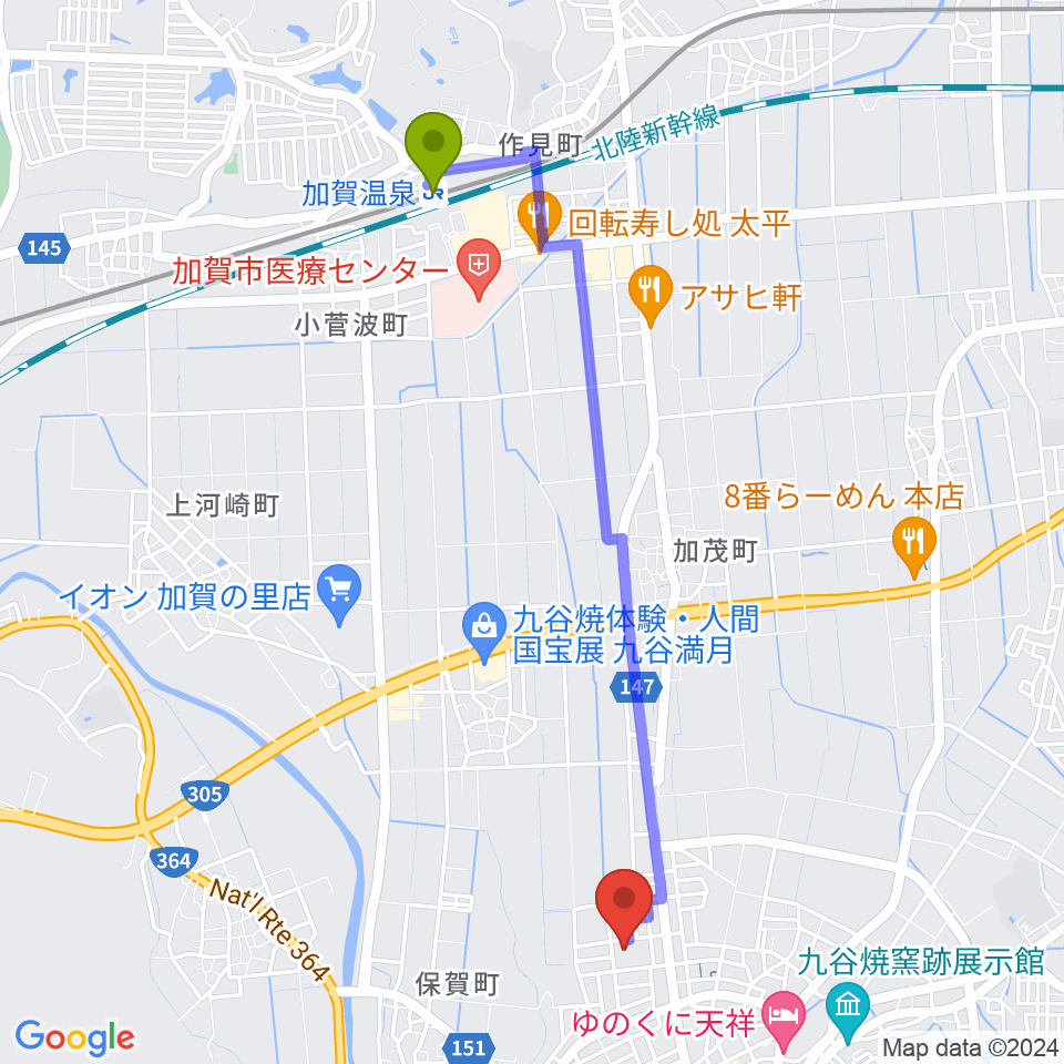 加賀市文化会館の最寄駅加賀温泉駅からの徒歩ルート（約45分）地図