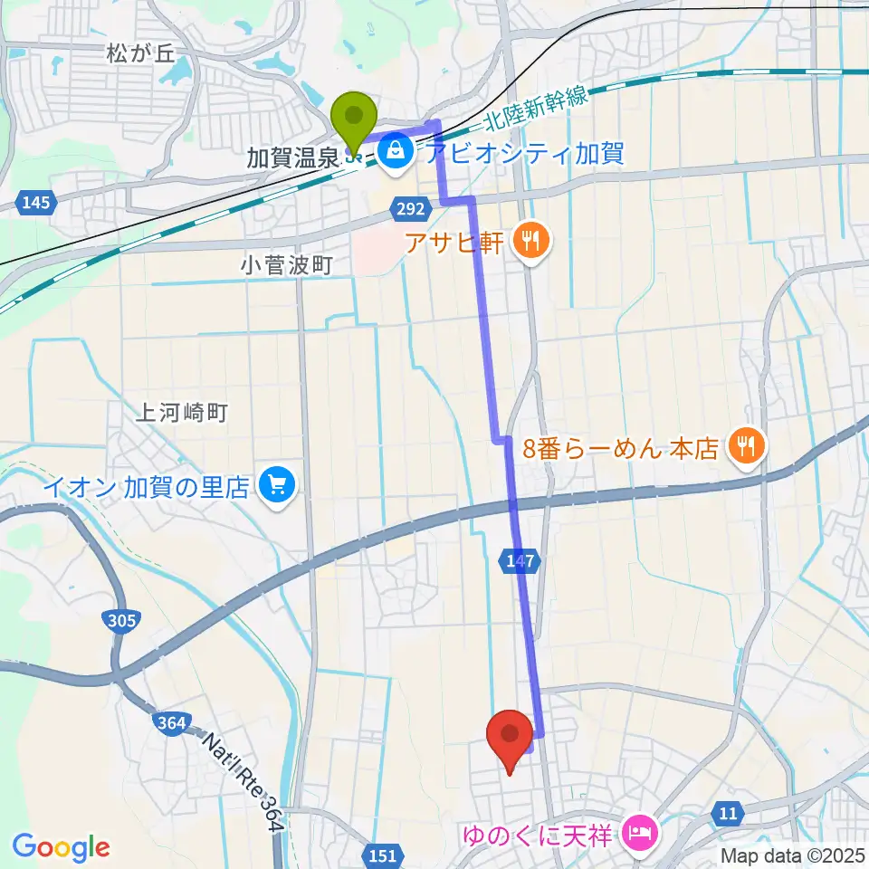 加賀市文化会館の最寄駅加賀温泉駅からの徒歩ルート（約45分）地図