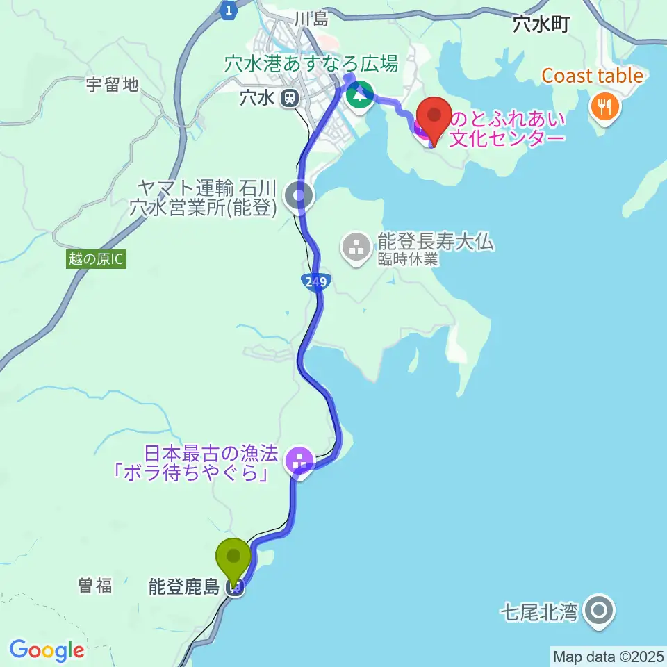 能登鹿島駅からのとふれあい文化センターへのルートマップ地図