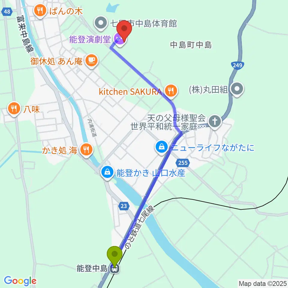 能登演劇堂の最寄駅能登中島駅からの徒歩ルート（約24分）地図
