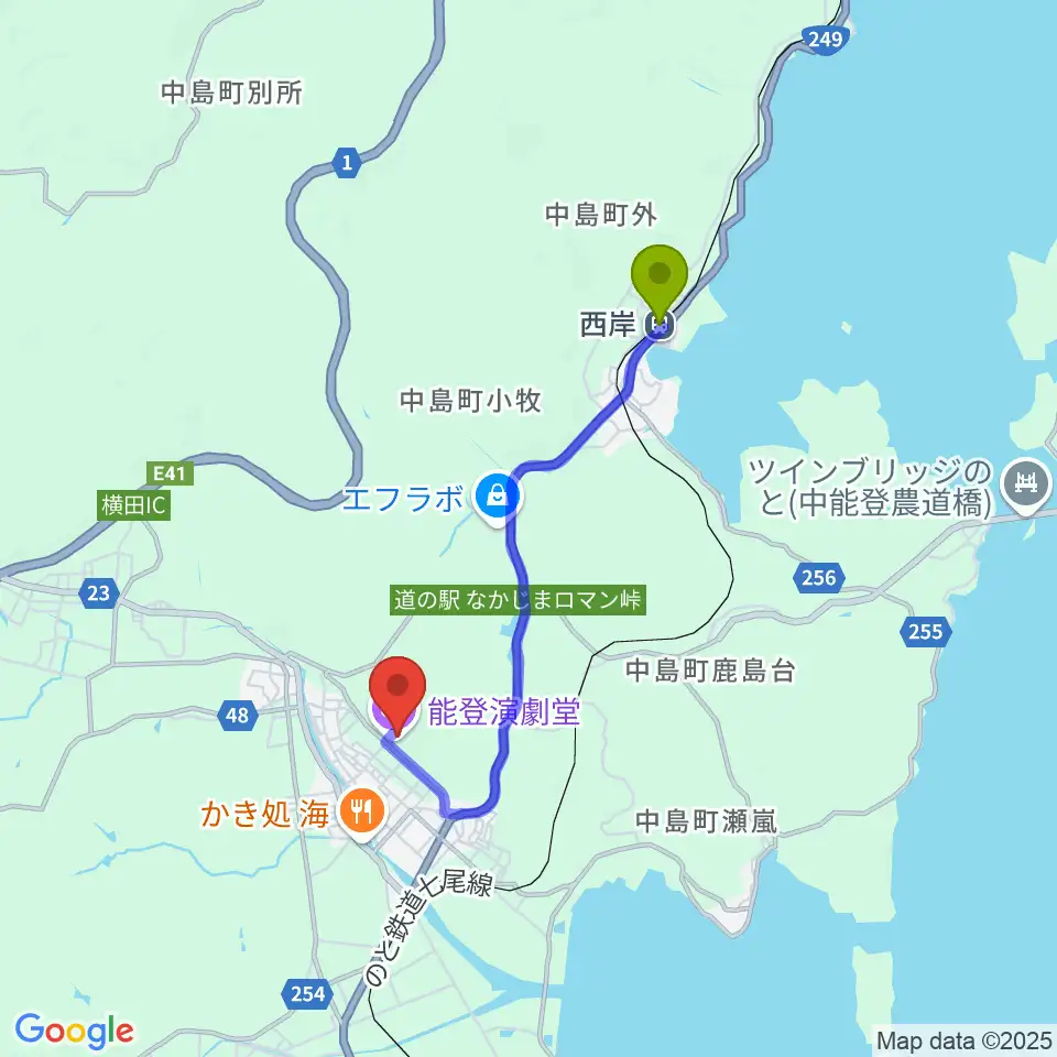 西岸駅から能登演劇堂へのルートマップ地図