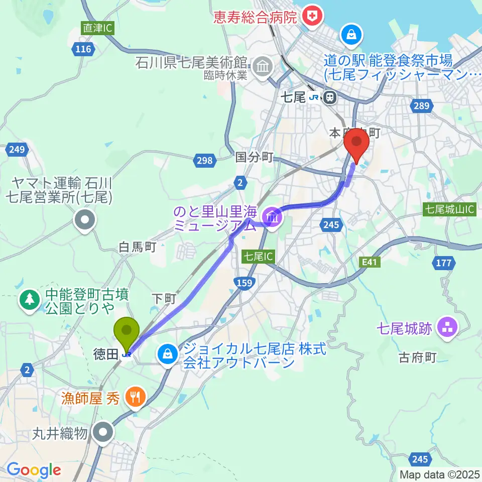 徳田駅から七尾市文化ホールへのルートマップ地図