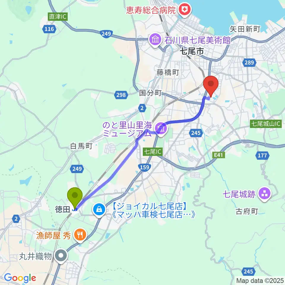 徳田駅から七尾市文化ホールへのルートマップ地図