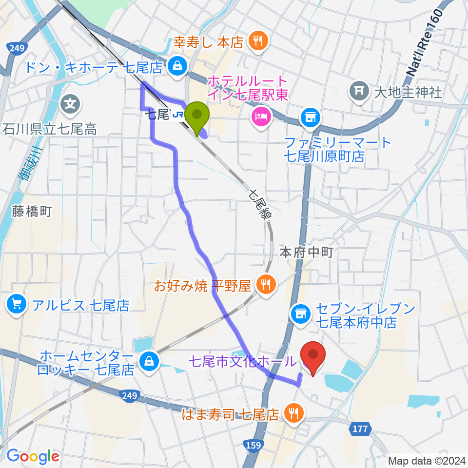 七尾市文化ホールの最寄駅七尾駅からの徒歩ルート（約17分）地図