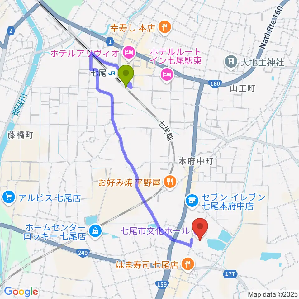 七尾市文化ホールの最寄駅七尾駅からの徒歩ルート（約17分）地図