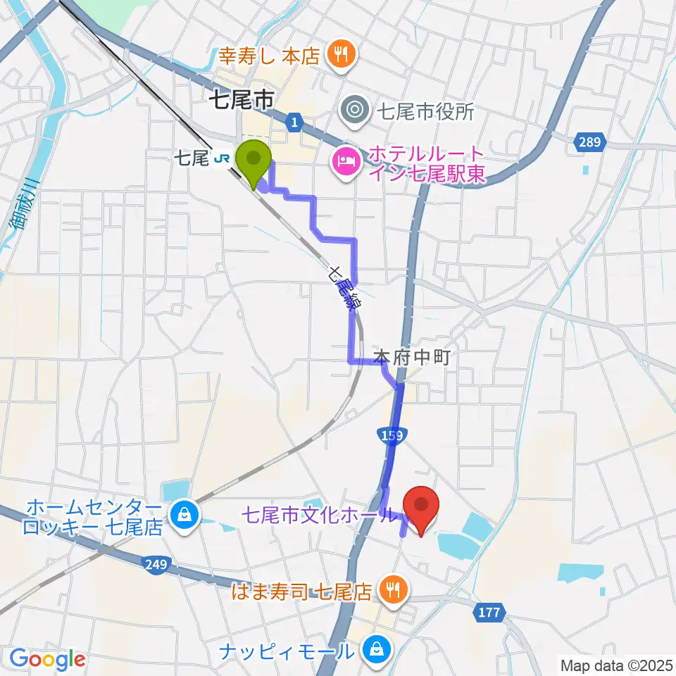 七尾市文化ホールの最寄駅七尾駅からの徒歩ルート（約17分）地図