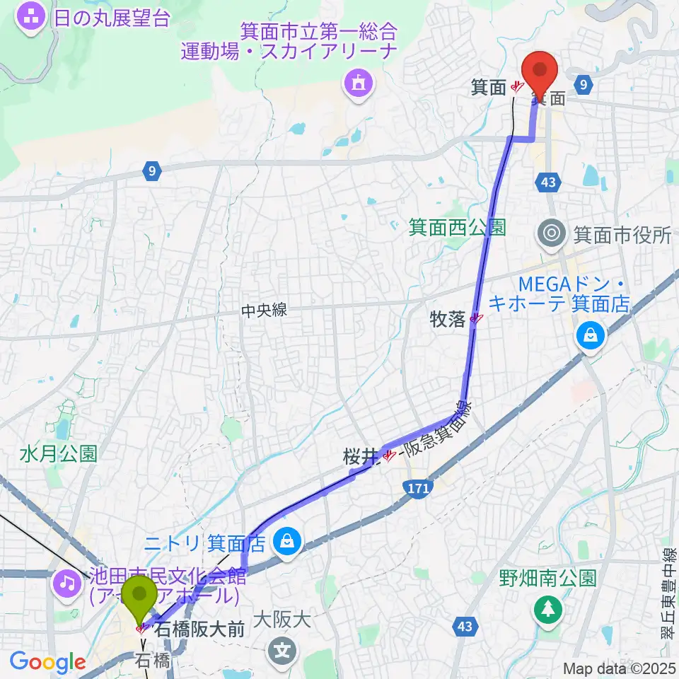石橋阪大前駅から箕面文化・交流センターへのルートマップ地図