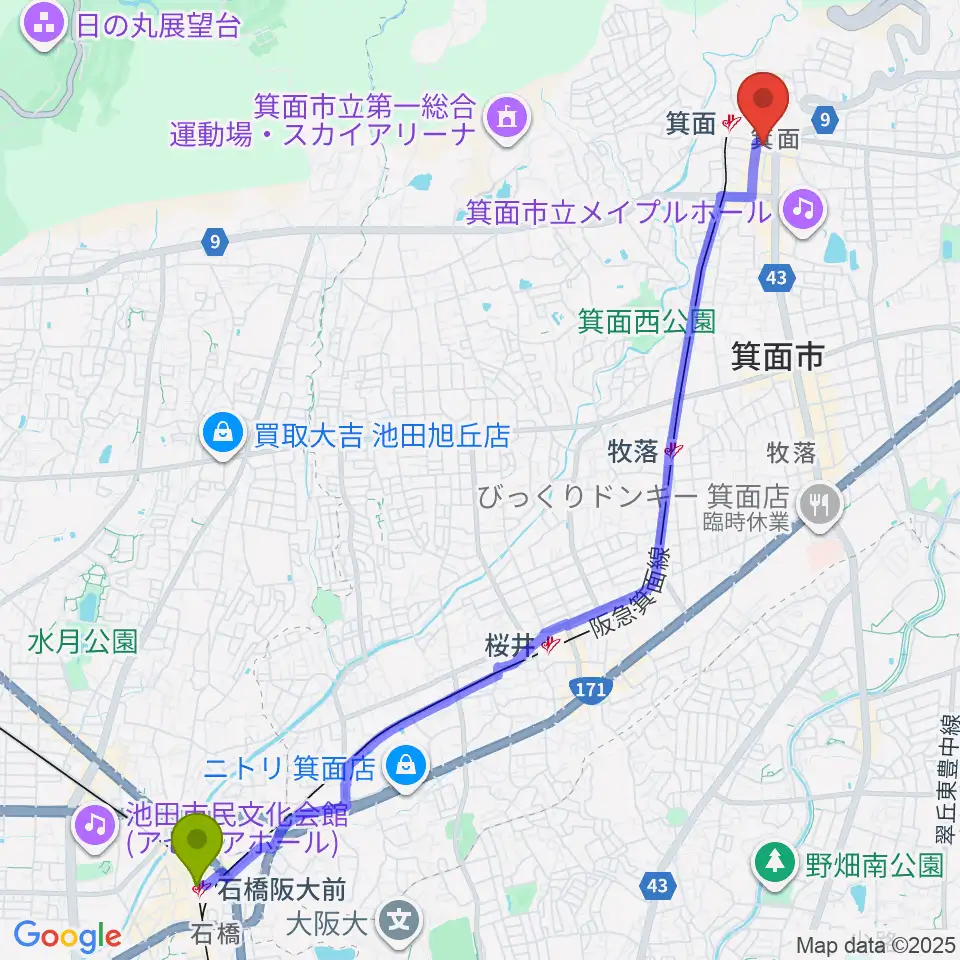 石橋阪大前駅から箕面文化・交流センターへのルートマップ地図