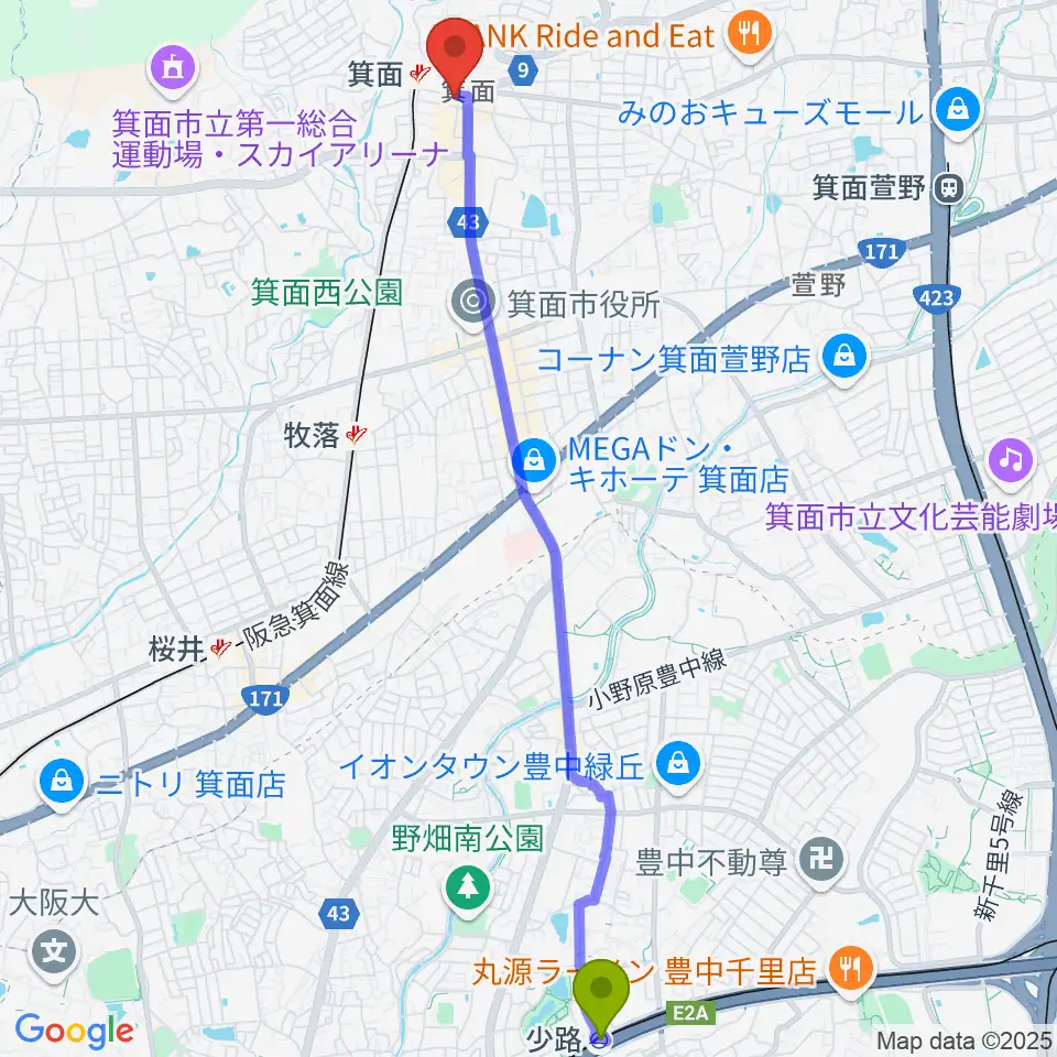 少路駅から箕面文化・交流センターへのルートマップ地図