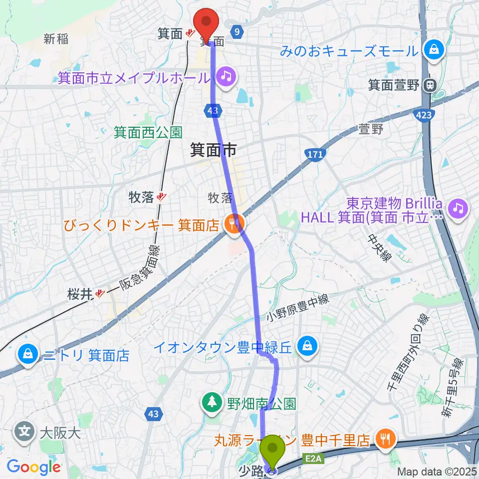 少路駅から箕面文化・交流センターへのルートマップ地図