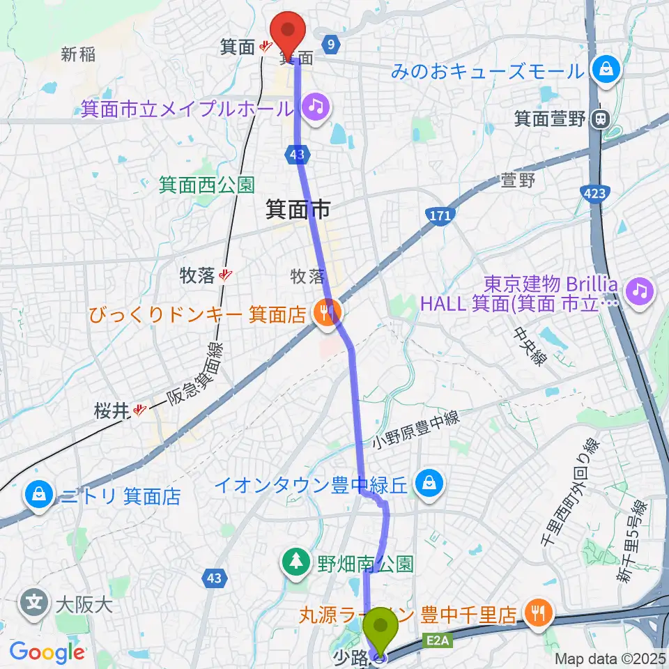 少路駅から箕面文化・交流センターへのルートマップ地図