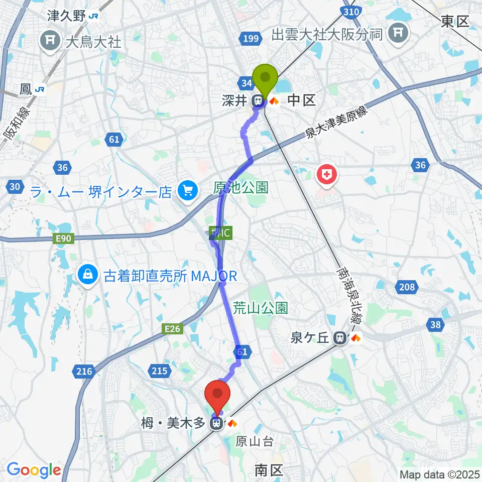 深井駅から堺市立栂文化会館へのルートマップ地図