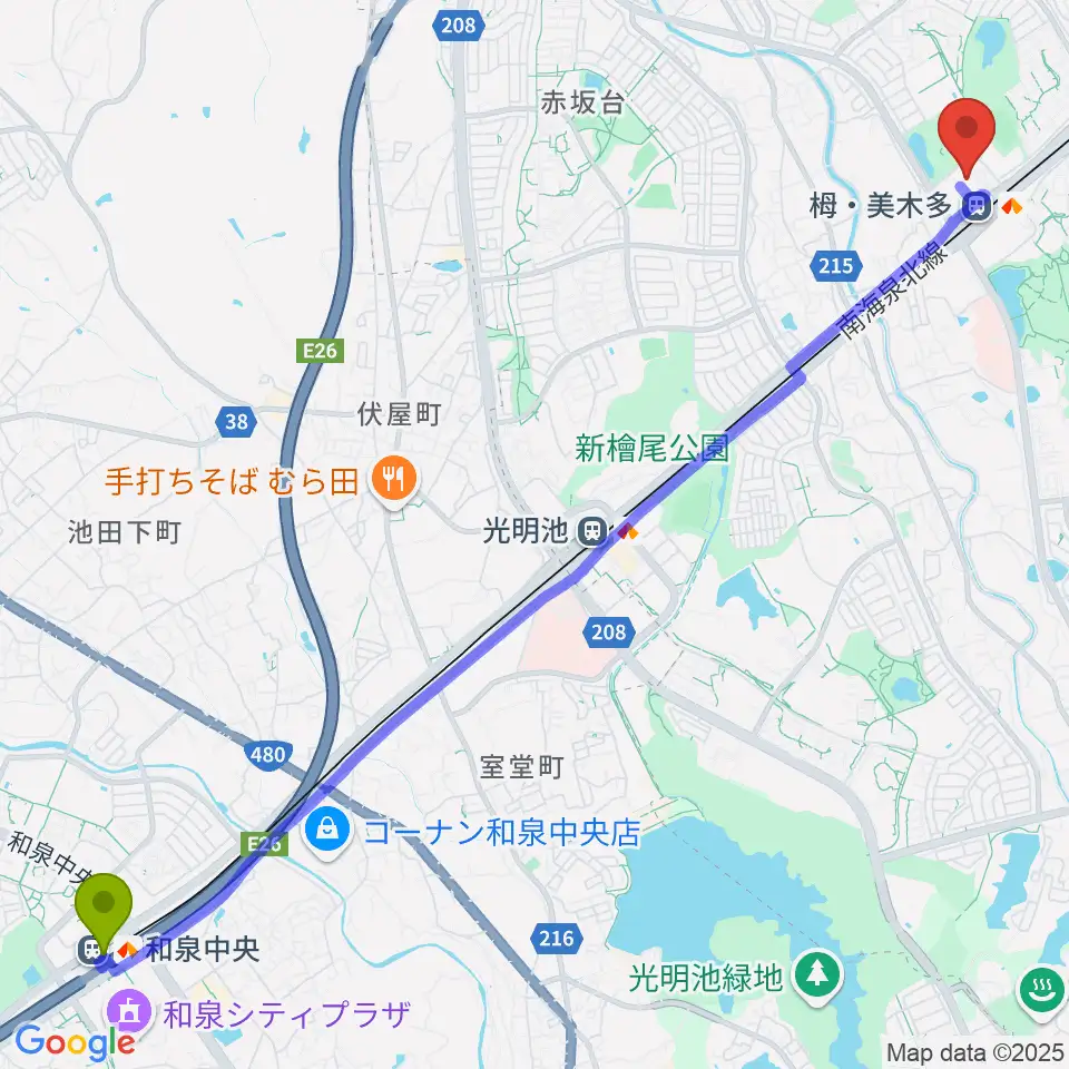和泉中央駅から堺市立栂文化会館へのルートマップ地図