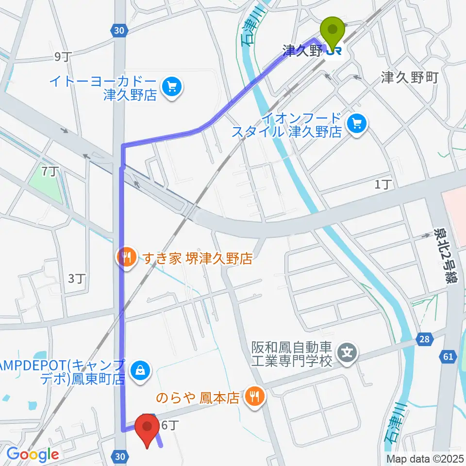 津久野駅から堺市西文化会館ウェスティへのルートマップ地図