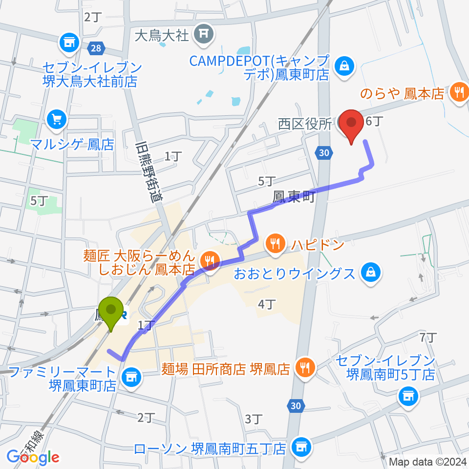 堺市西文化会館ウェスティの最寄駅鳳駅からの徒歩ルート（約10分）地図