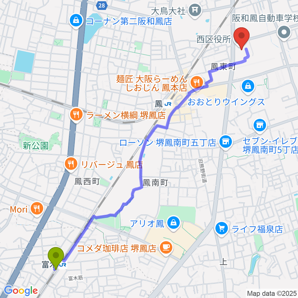 富木駅から堺市西文化会館ウェスティへのルートマップ地図