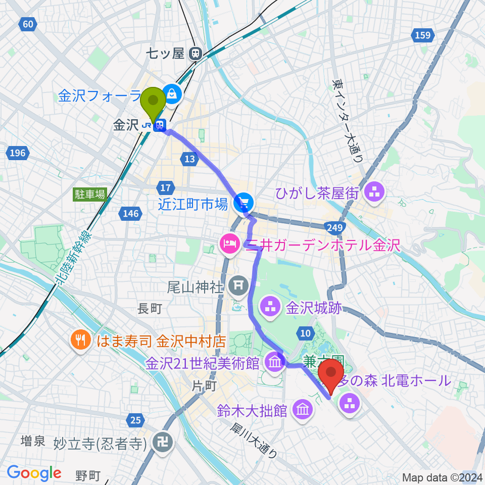 金沢駅から石川県立能楽堂へのルートマップ地図