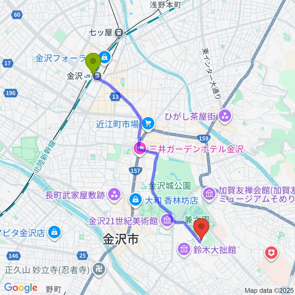 金沢駅から石川県立能楽堂へのルートマップ地図