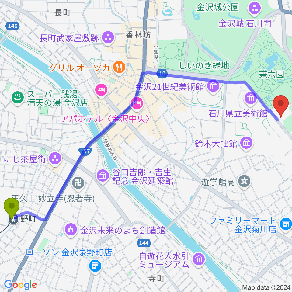 石川県立能楽堂の最寄駅野町駅からの徒歩ルート（約30分）地図