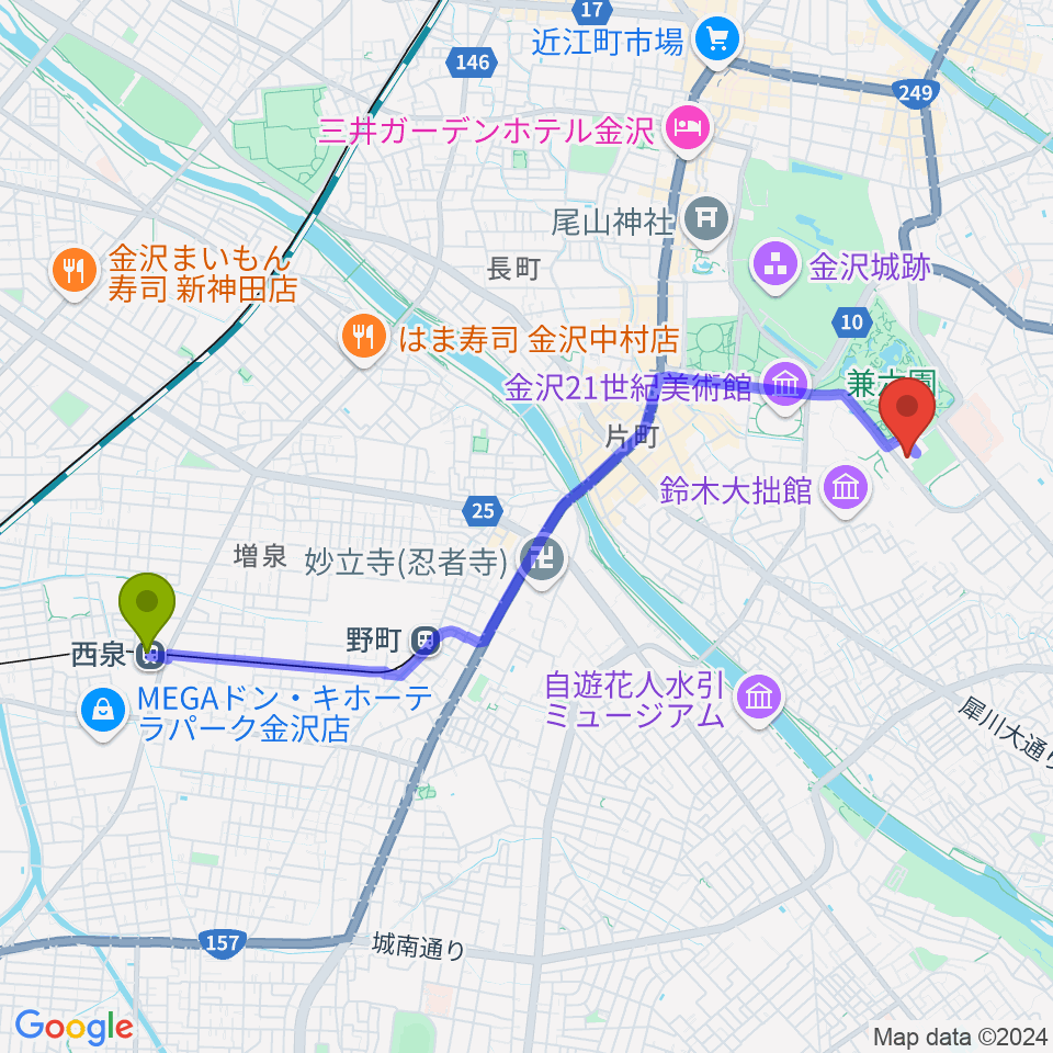 西泉駅から石川県立能楽堂へのルートマップ地図