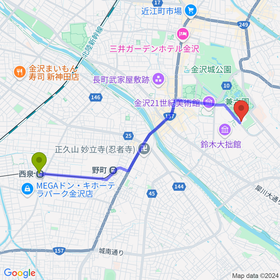 西泉駅から石川県立能楽堂へのルートマップ地図